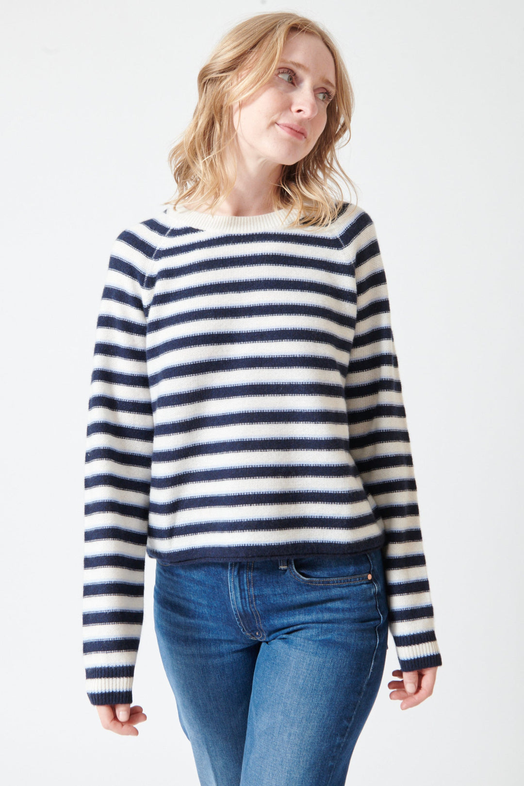 Madi wearing White + Warren Cashmere Striped Sweatshirt front view