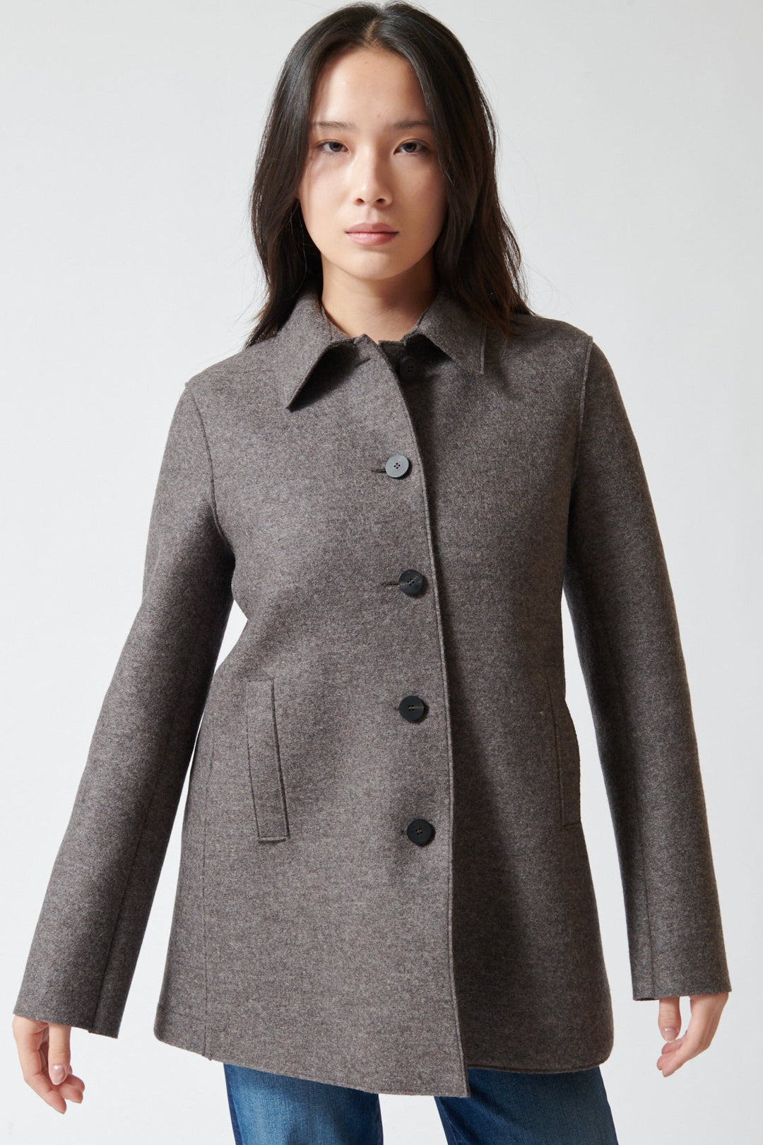 Lilly wearing Harris Wharf Travel Mac Pressed Wool Jacket front view
