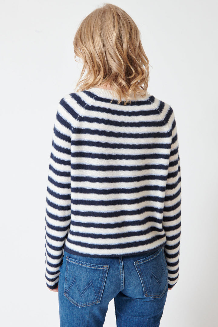 Madi wearing White + Warren Cashmere Striped Sweatshirt rear view