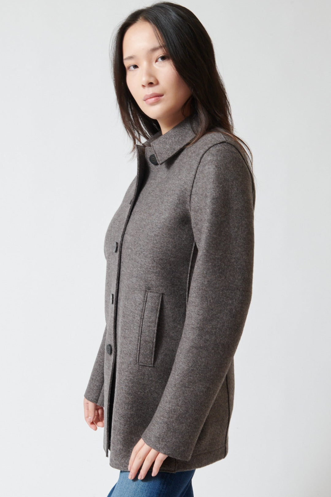 Lilly wearing Harris Wharf Travel Mac Pressed Wool Jacket side view