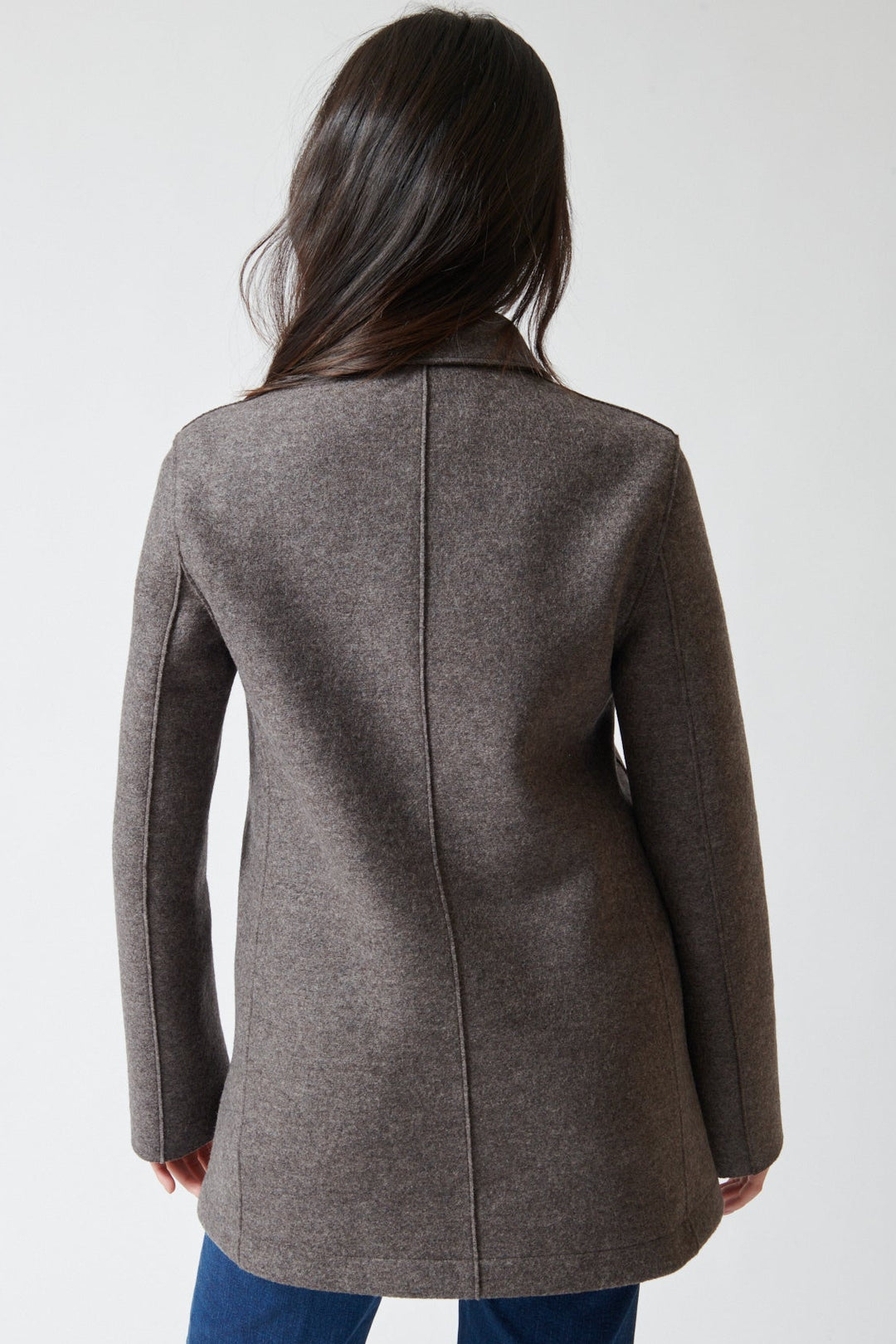 Lilly wearing Harris Wharf Travel Mac Pressed Wool Jacket rear view