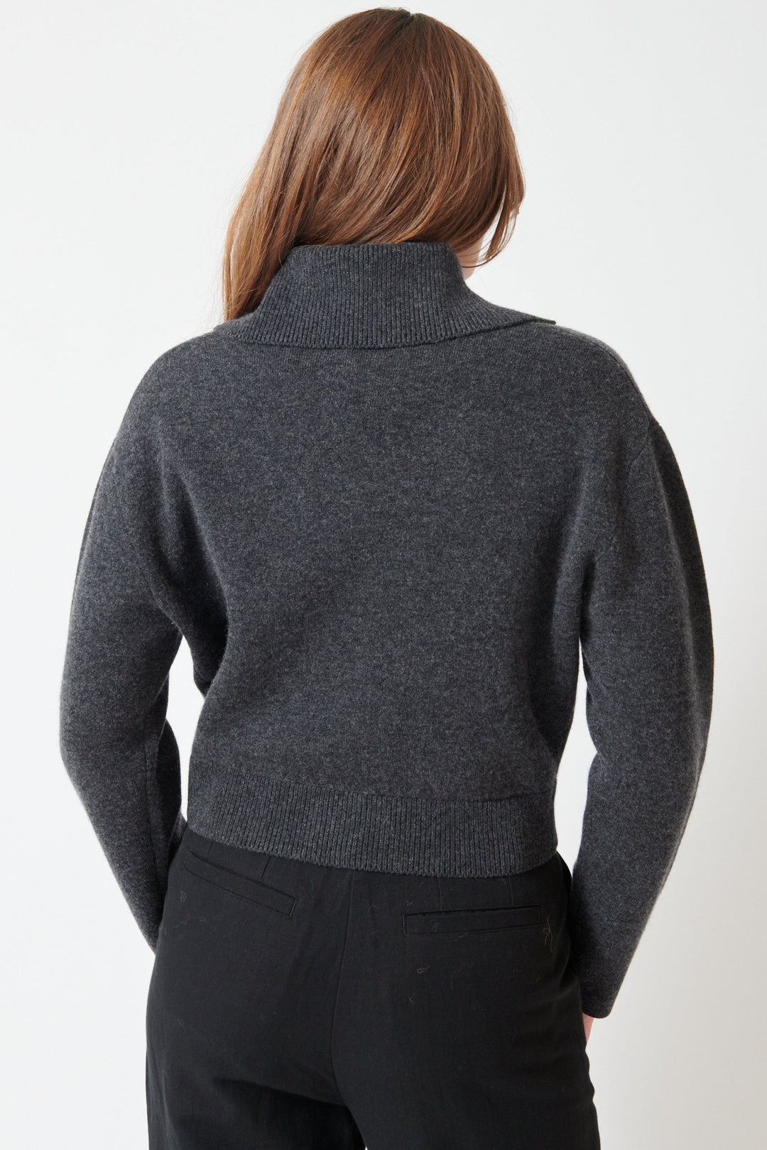 Julia wearing Allude Wool Cashmere Blend Zip Jacket Sweater rear view