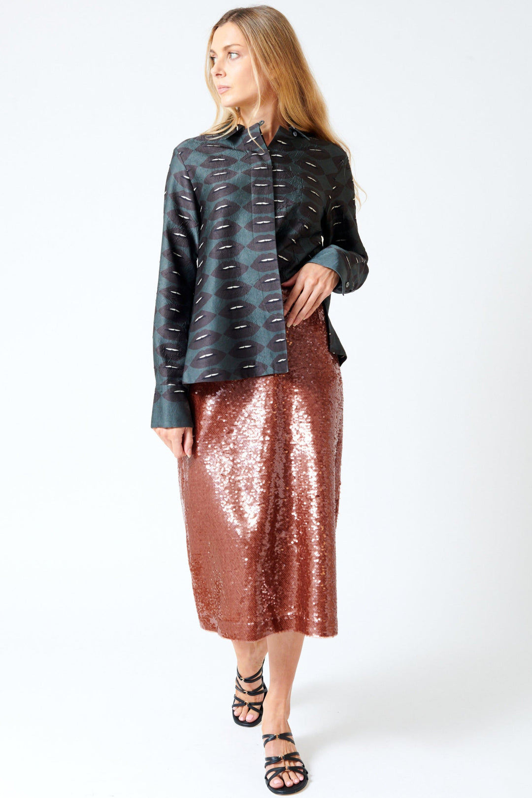 Mari wearing Odeeh Sequin Zip Back Skirt front view
