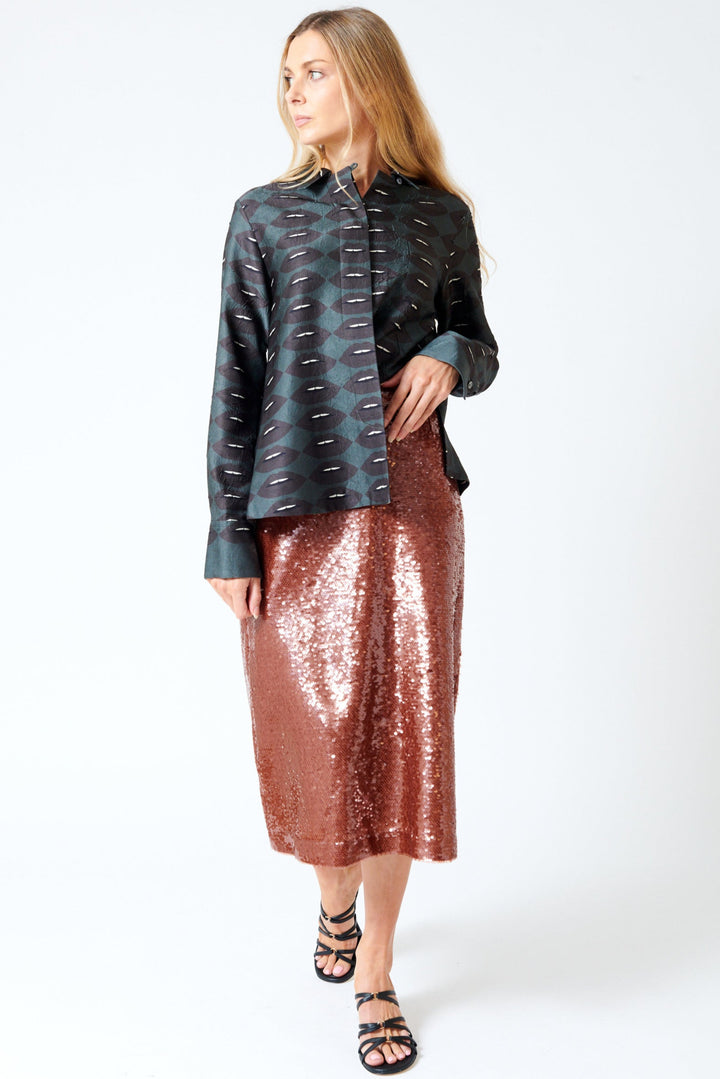 Mari wearing Odeeh Sequin Zip Back Skirt front view