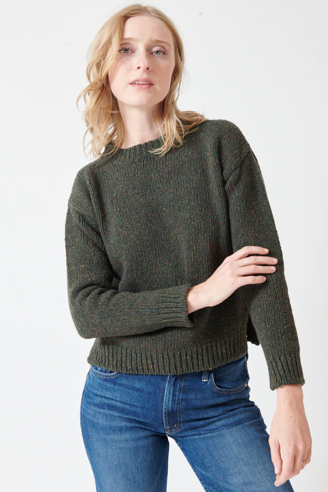 Madi wearing Base Tweed Knit Sweater front view