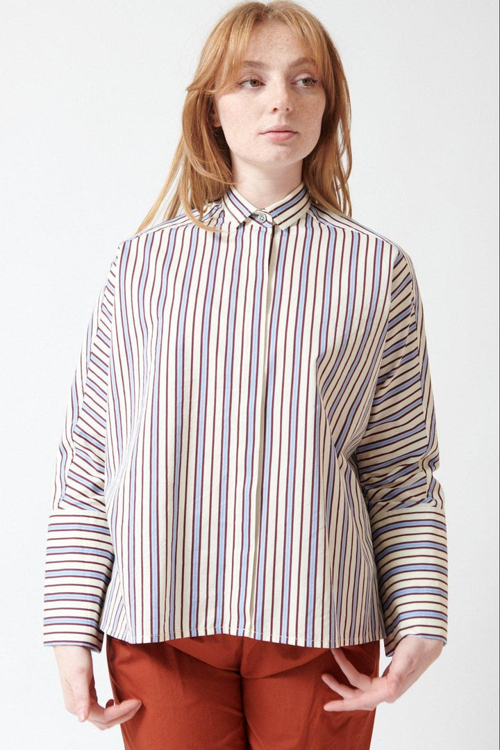 Waverly wearing Odeeh Fancy Stripe Shirt front view
