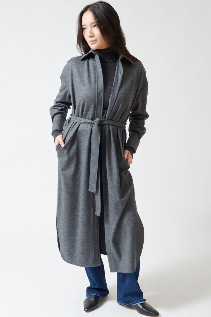 Lilly wearing Harris Wharf Superfine Merino Oversized Long Shirt Dress front view