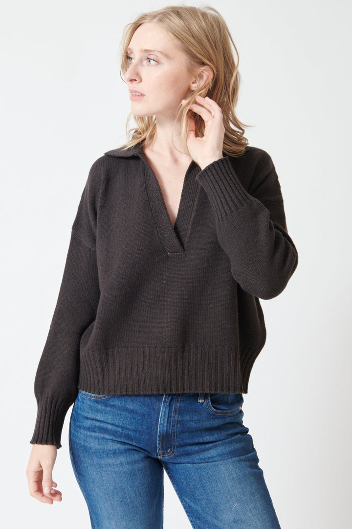 Madi wearing Base Knit V Pullover Polo Sweater front view