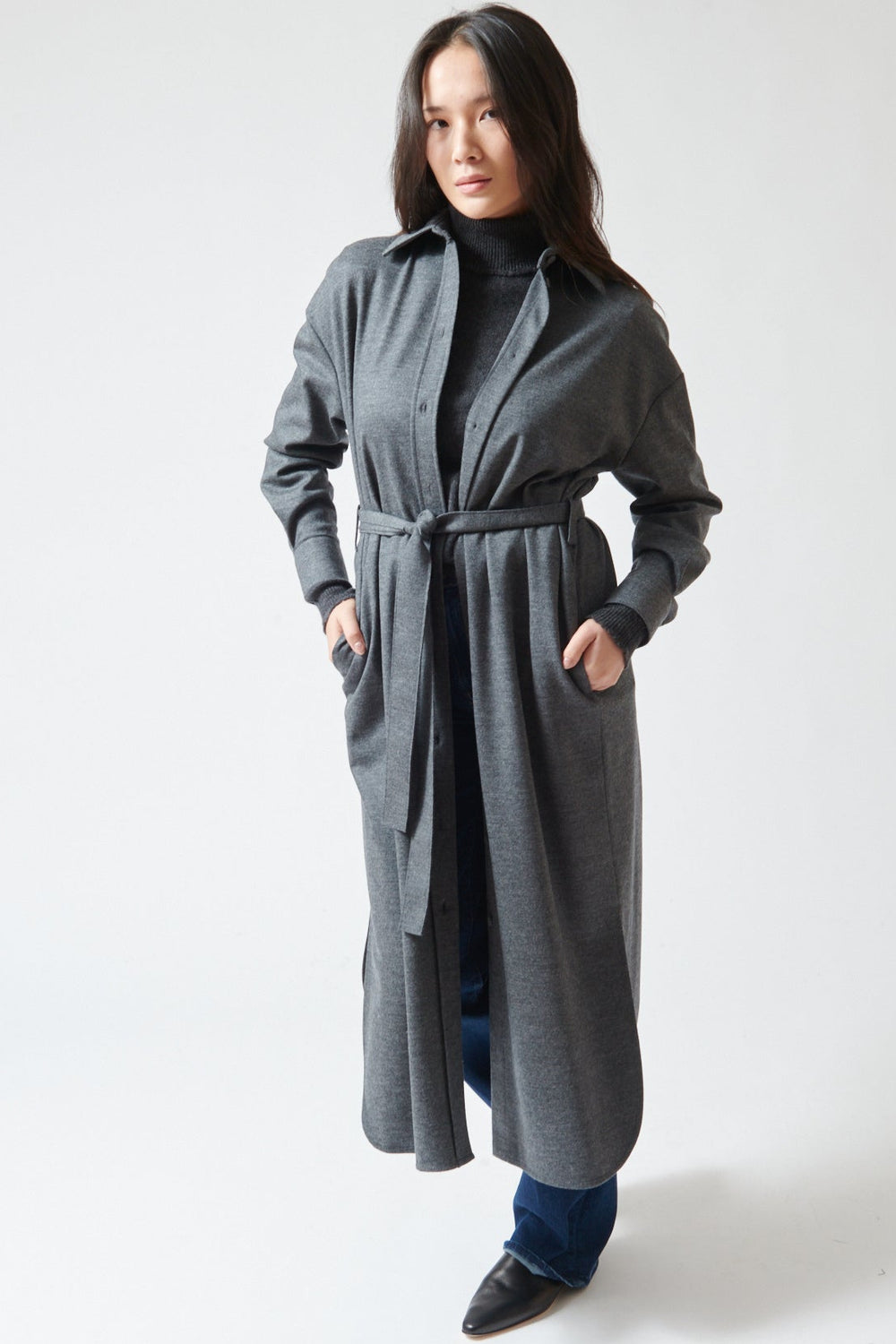 Lilly wearing Harris Wharf Superfine Merino Oversized Long Shirt Dress front view