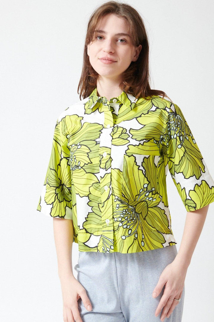 Sophie wearing Odeeh Cotton Hibiscus Shirt front view