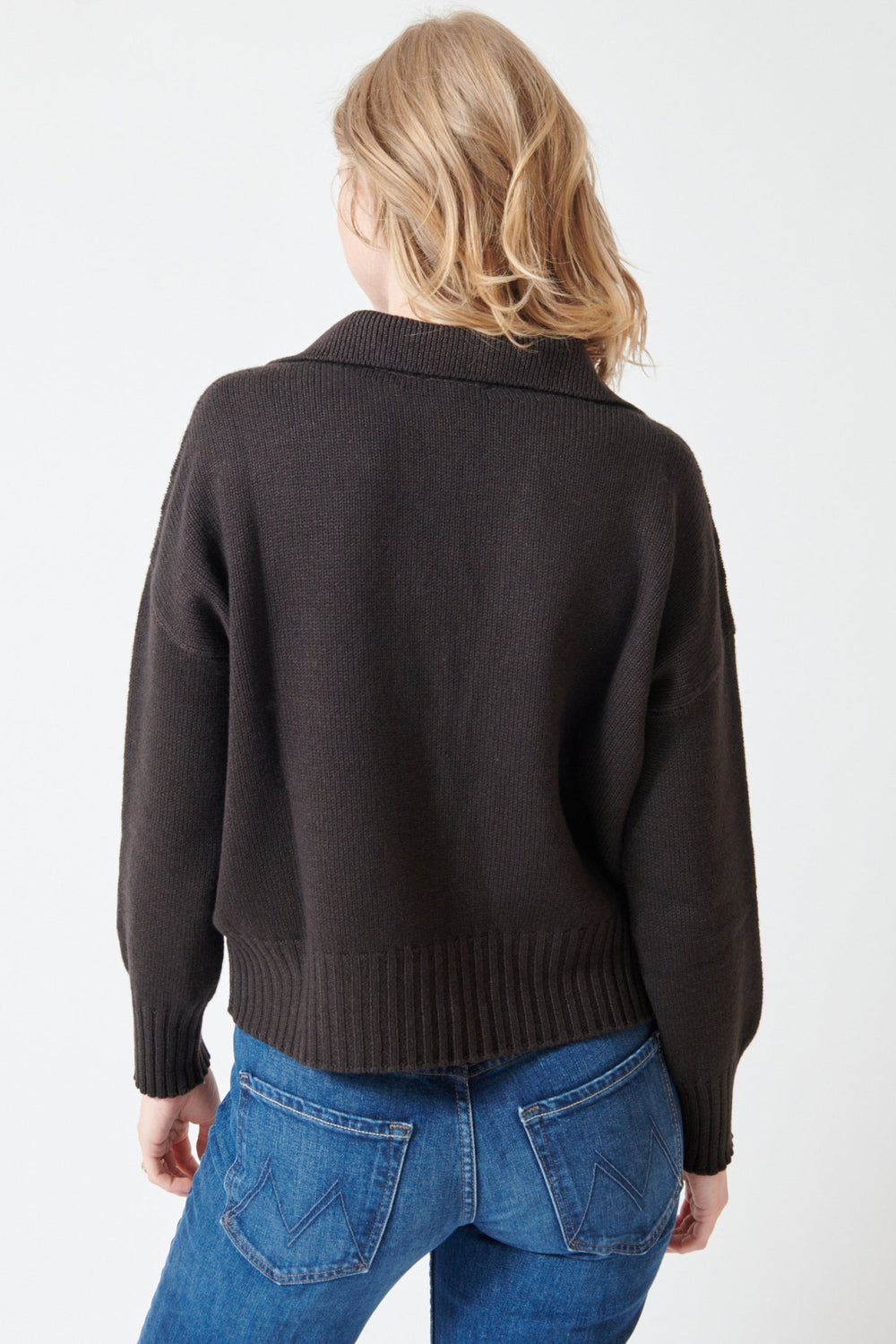 Madi wearing Base Knit V Pullover Polo Sweater rear view