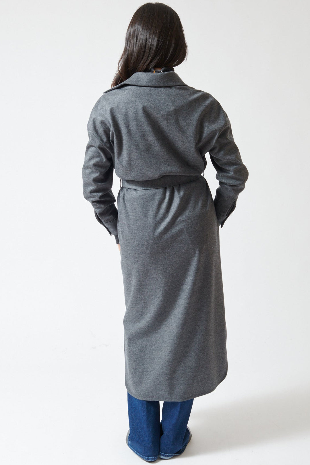 Lilly wearing Harris Wharf Superfine Merino Oversized Long Shirt Dress rear view