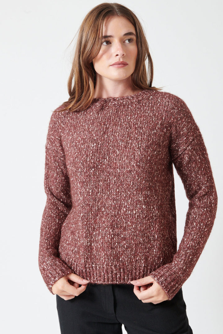 Madi wearing Base Extra Soft Tweed Knit Sweater front view