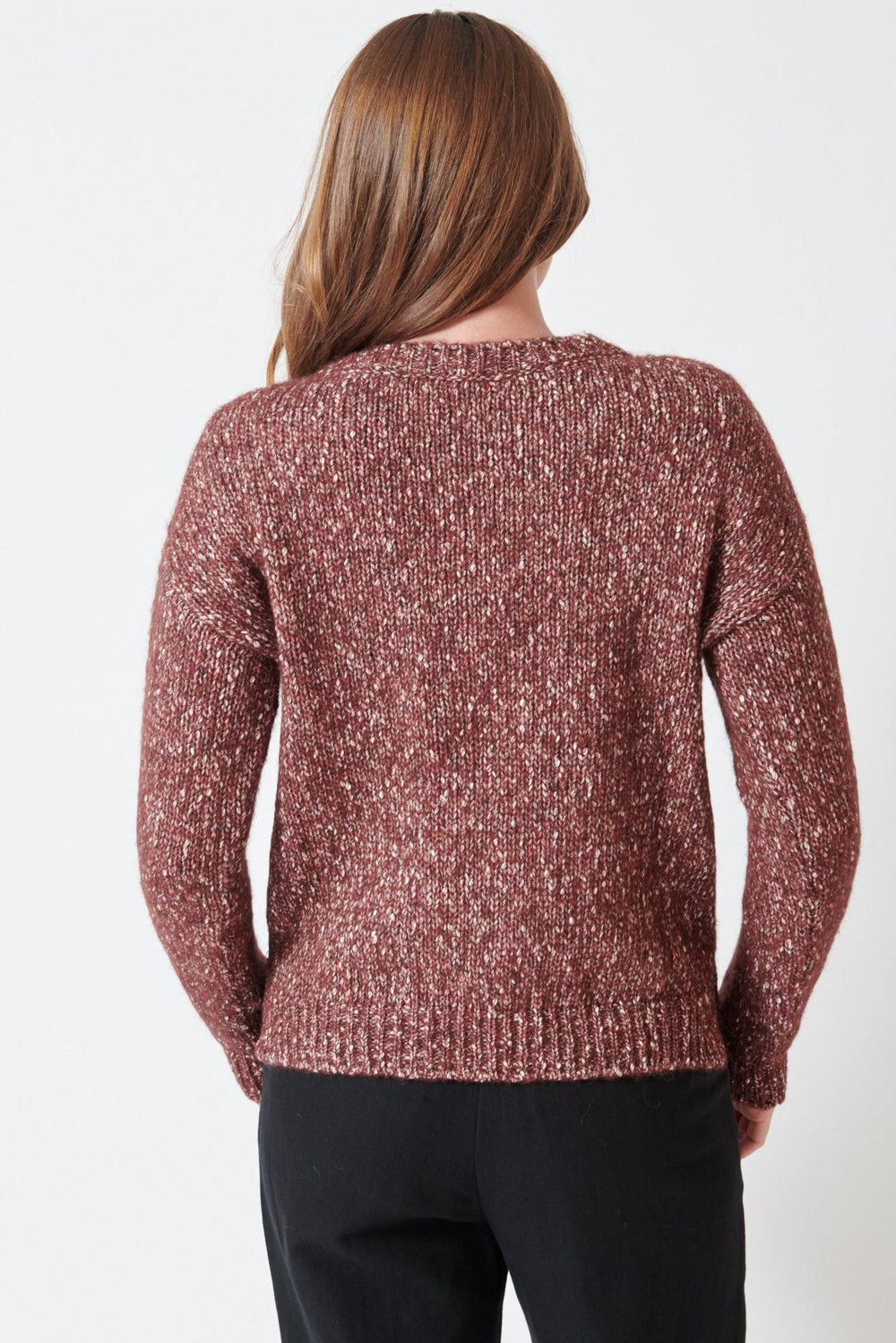 Madi wearing Base Extra Soft Tweed Knit Sweater rear view