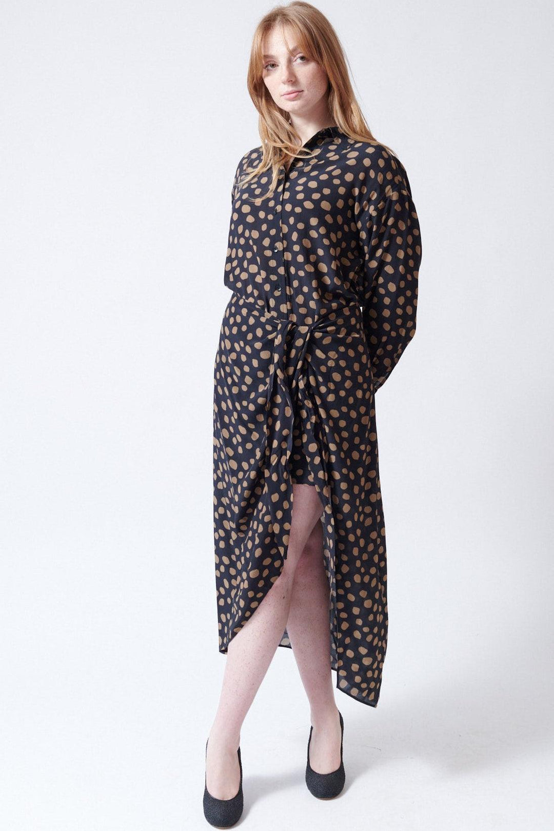 Waverly wearing Apiece Apart Alessandra Sarong Shirt Dress front view