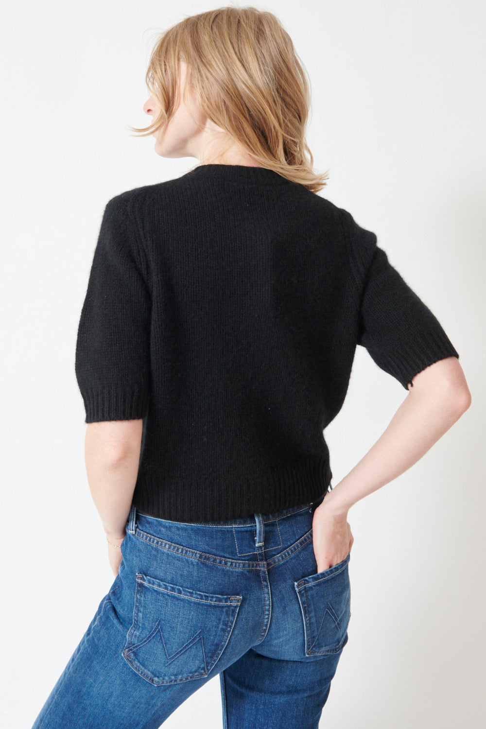 Madi wearing White + Warren Cashmere Elbow Sleeve Cardigan rear view