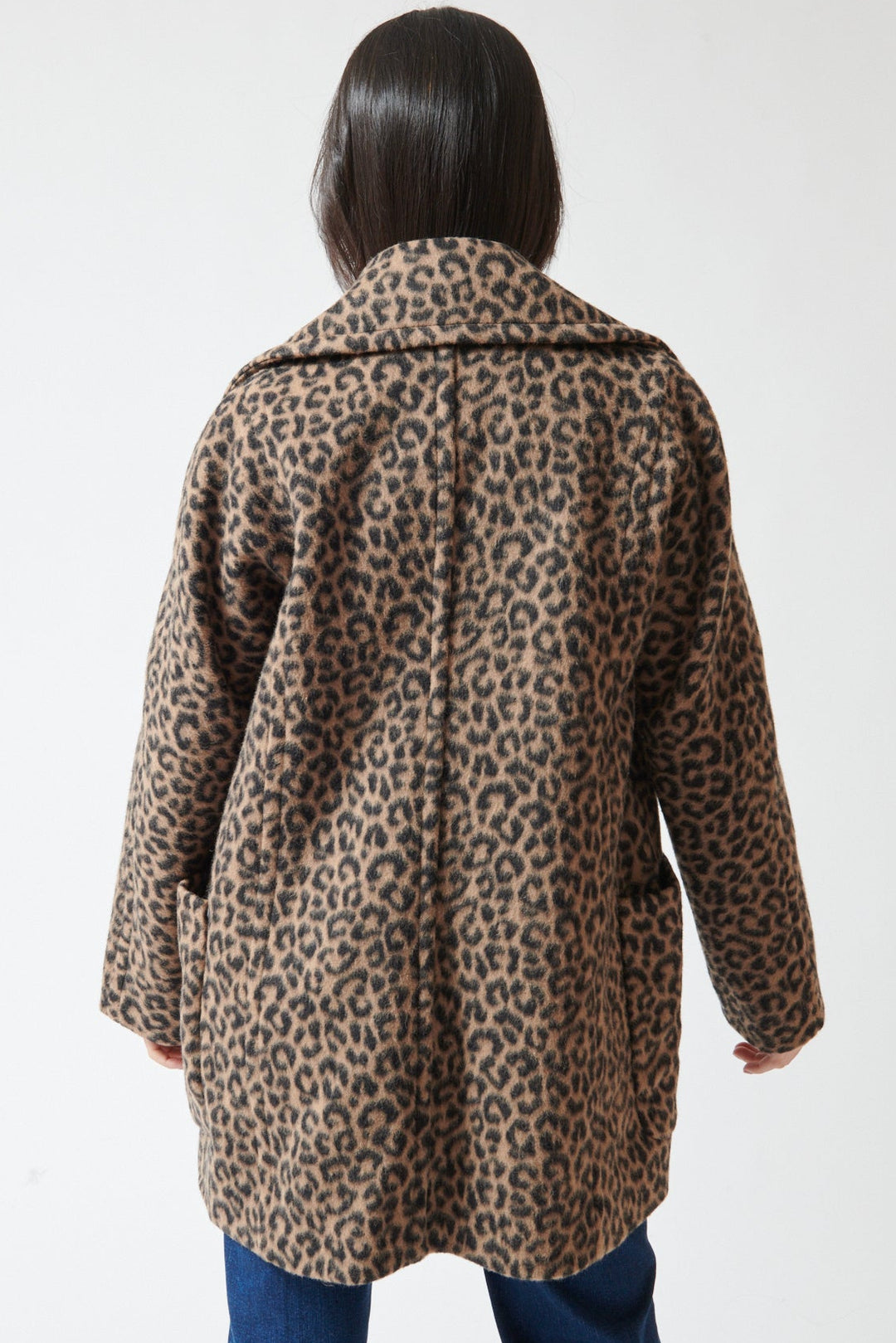 Lilly wearing Odeeh Brushed Animal Print Coat rear view