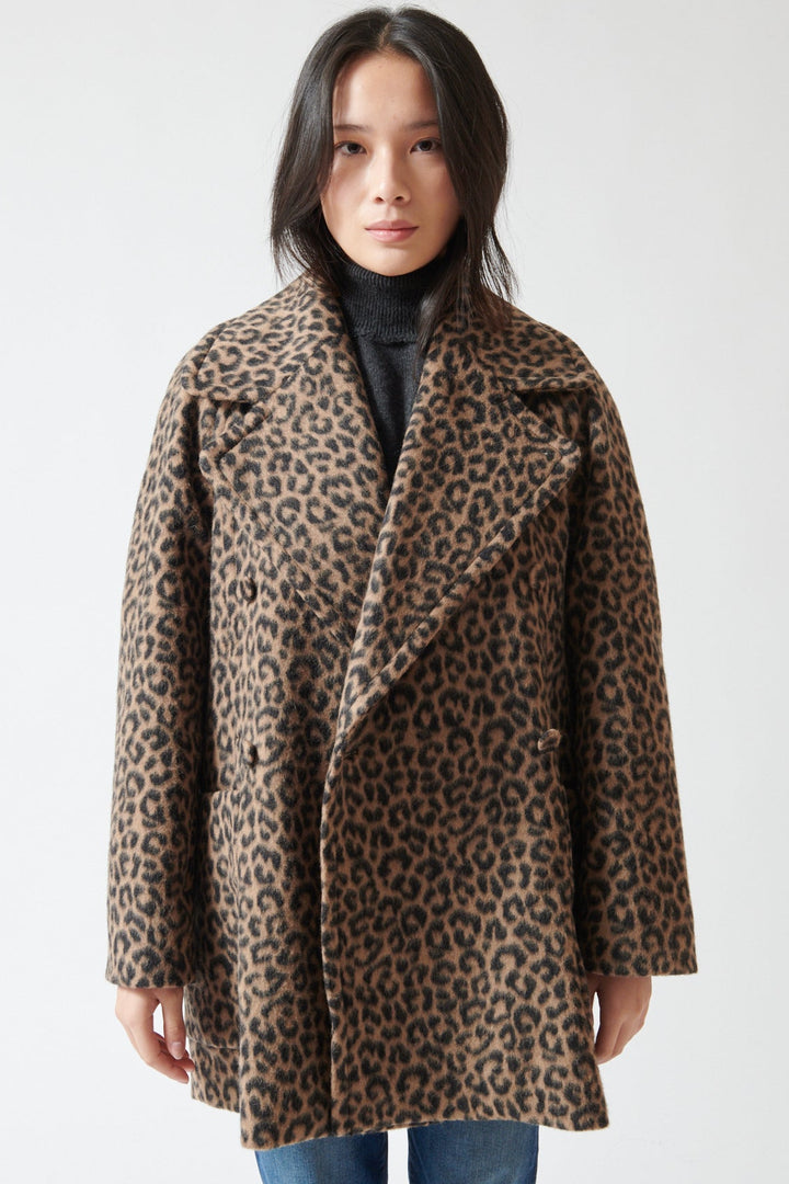 Lilly wearing Odeeh Brushed Animal Print Coat front view