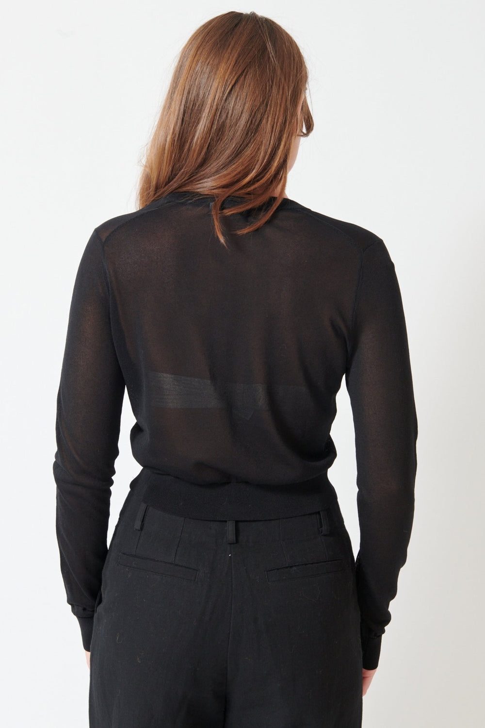Julia wearing White + Warren Paperfine Crewneck Cardigan rear view
