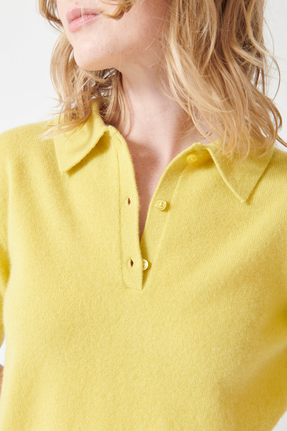 Madi wearing White + Warren Cashmere Polo Top front view