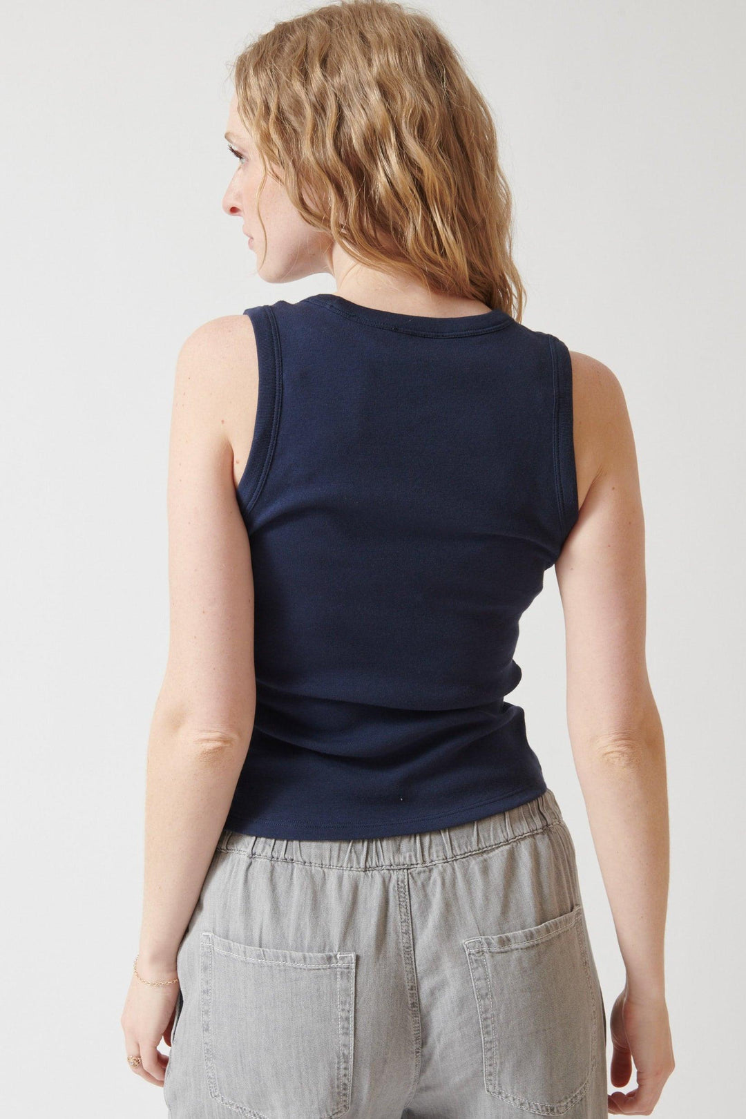Madi wearing Lilla P V Neck Tank rear view