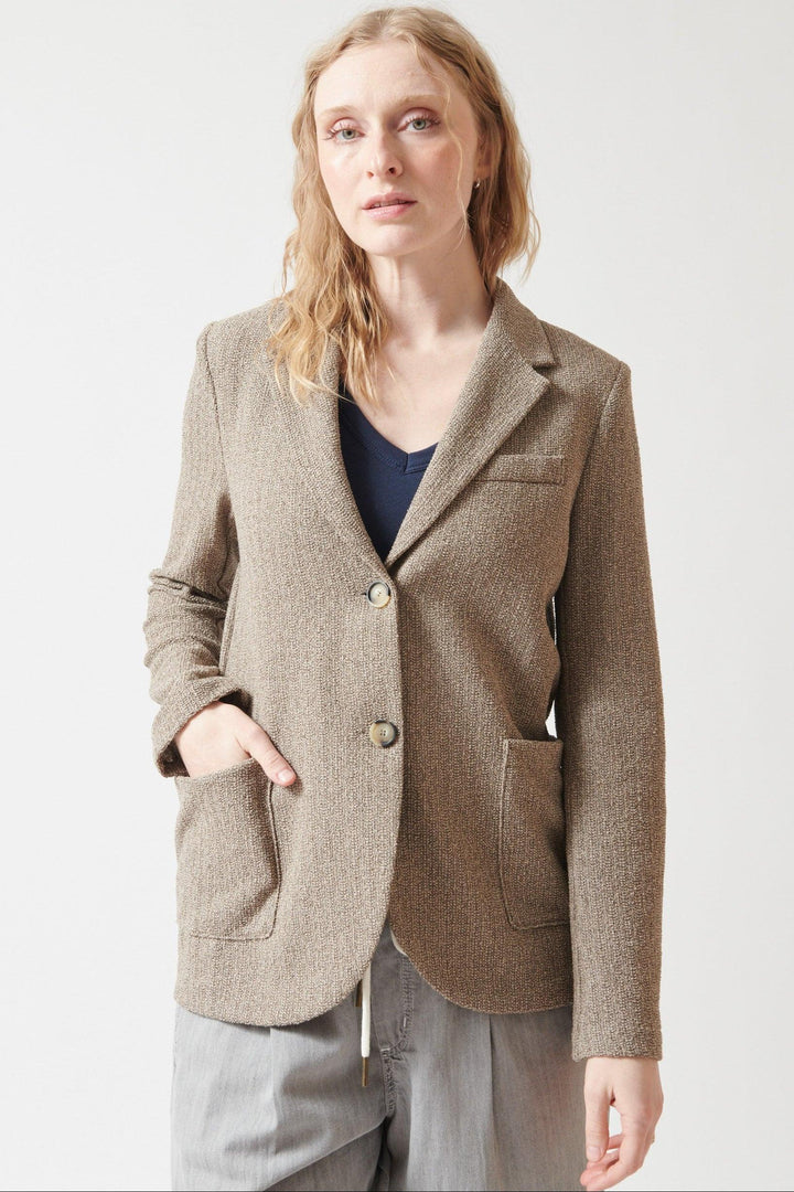 Madi wearing Harris Wharf Stand Up Collar Bicolour Frise Blazer front view