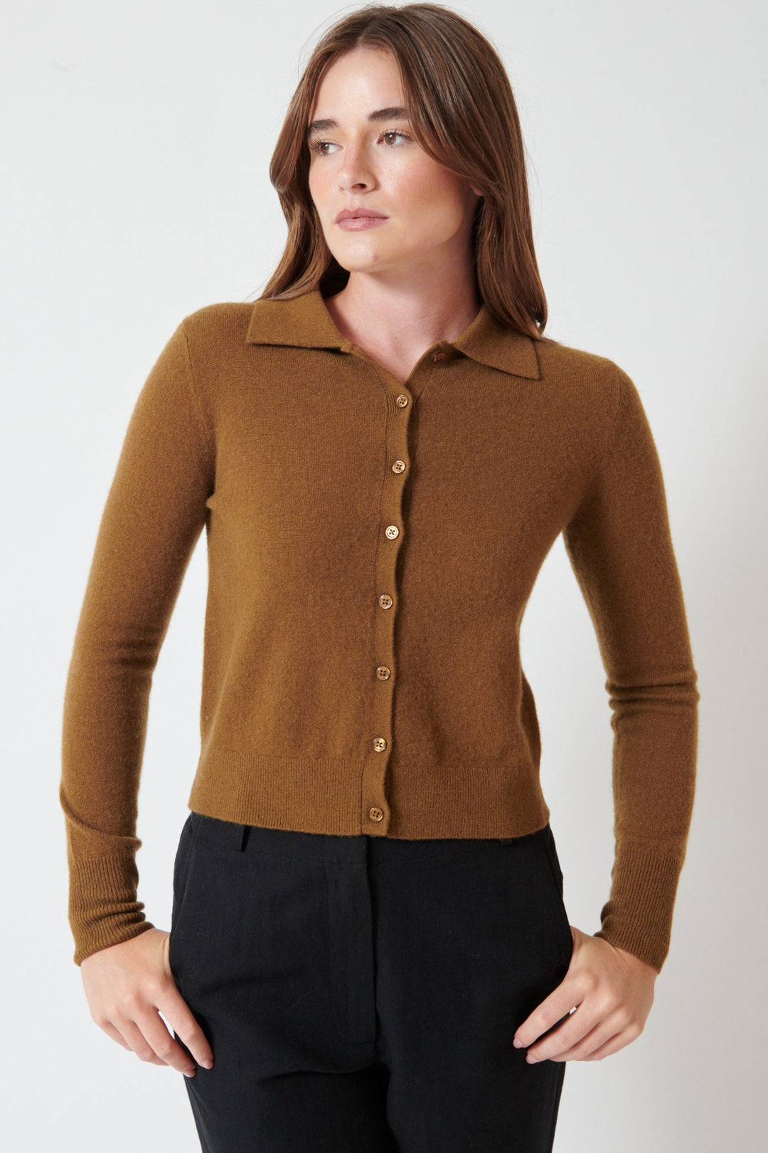Julia wearing White + Warren Cashmere Collared Cardigan front view
