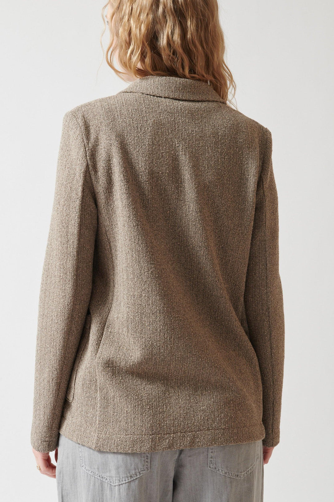 Madi wearing Harris Wharf Stand Up Collar Bicolour Frise Blazer rear view