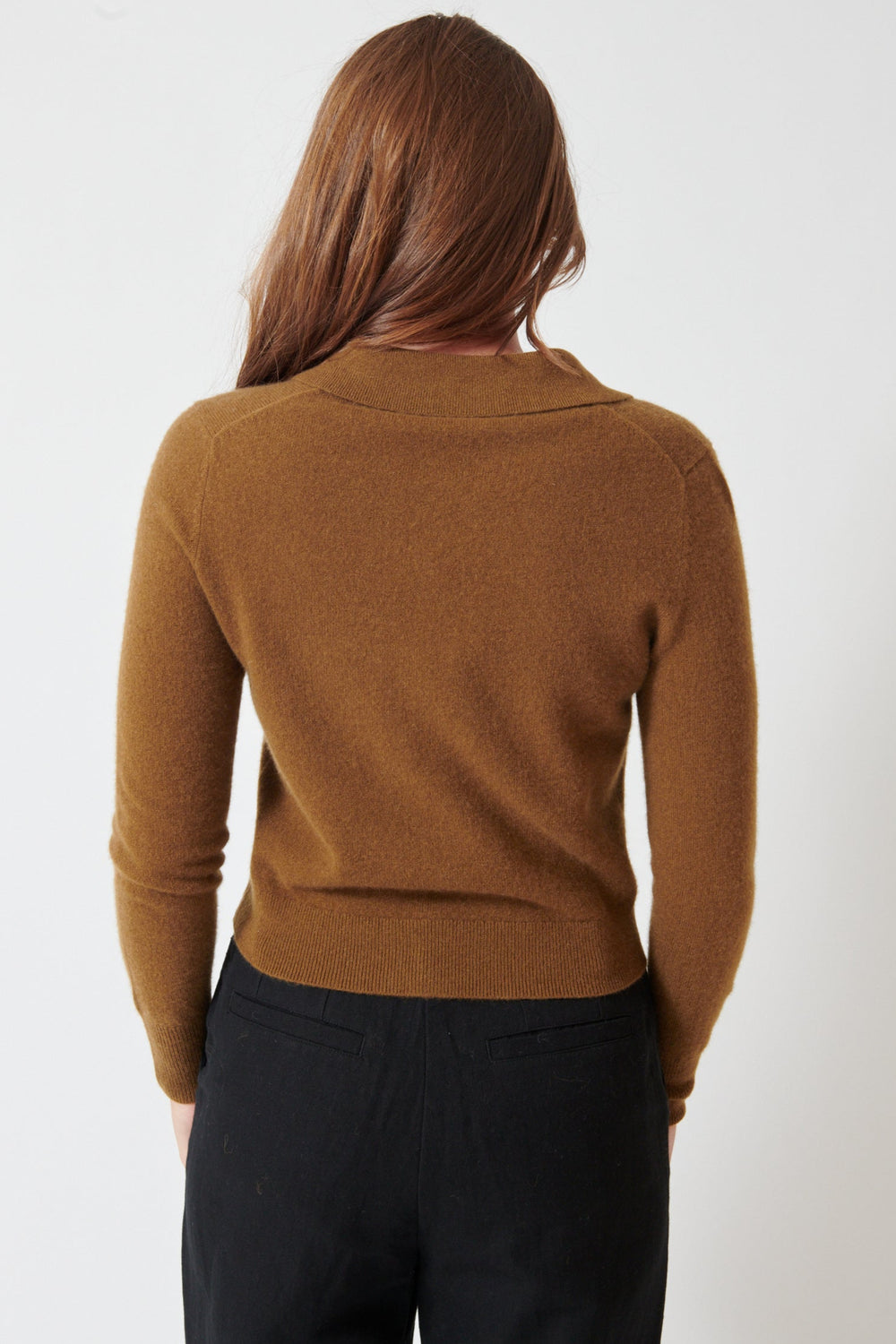 Julia wearing White + Warren Cashmere Collared Cardigan rear view