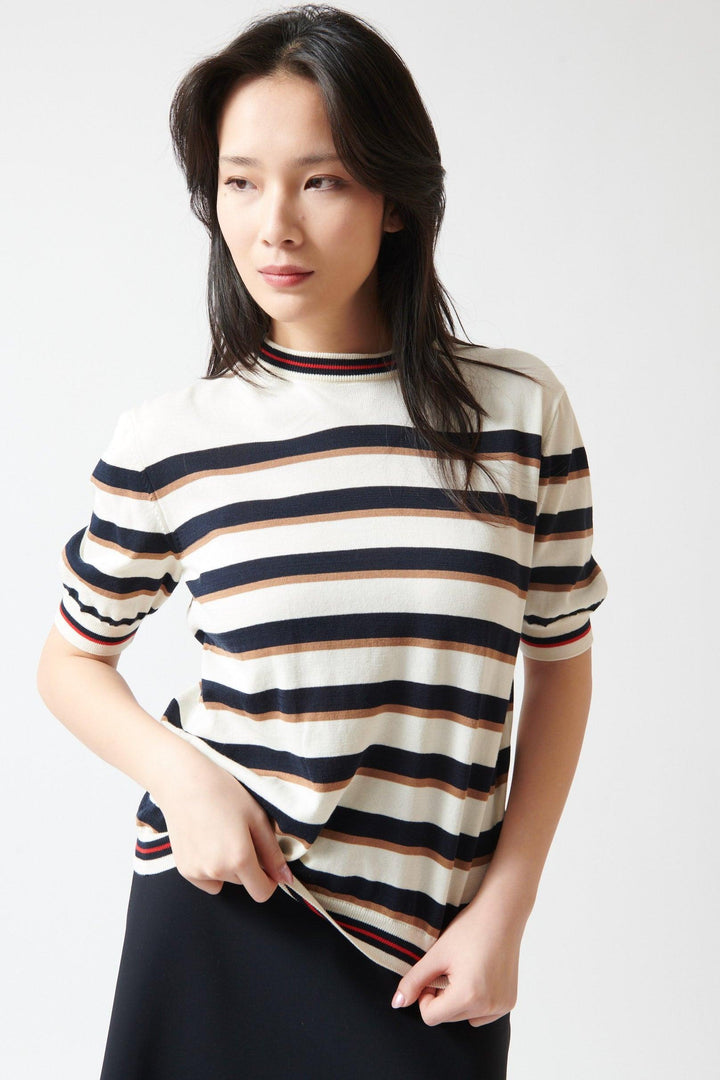 Lilly wearing Herno Cotton Striped Short Sleeve T Shirt front view