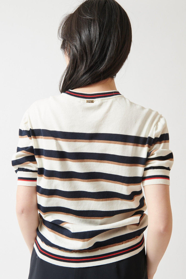 Lilly wearing Herno Cotton Striped Short Sleeve T Shirt rear view
