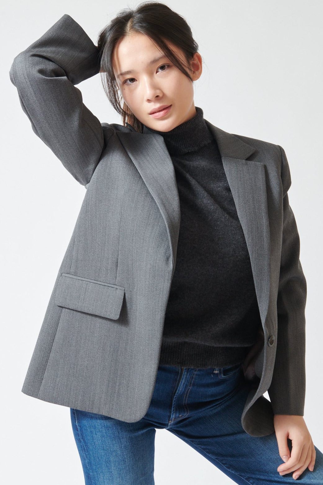 Lilly wearing TWP Jillian Blazer Medium front view