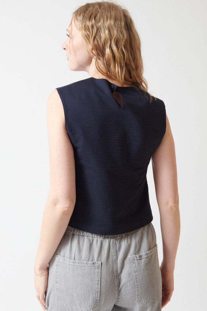 Madi wearing Harris Wharf Coolmax Seersucker Top rear view