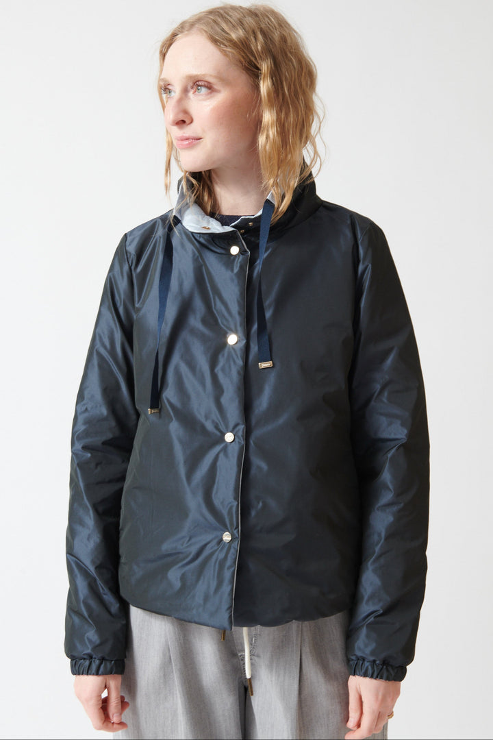 Madi wearing Herno Techno Taffeta Reverse To Quilted Shiny Nylon Short Jacket front view