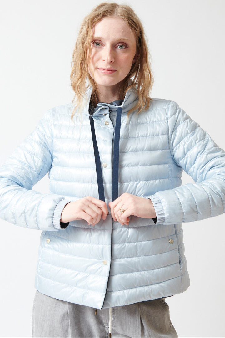 Madi wearing Herno Techno Taffeta Reverse To Quilted Shiny Nylon Short Jacket front view