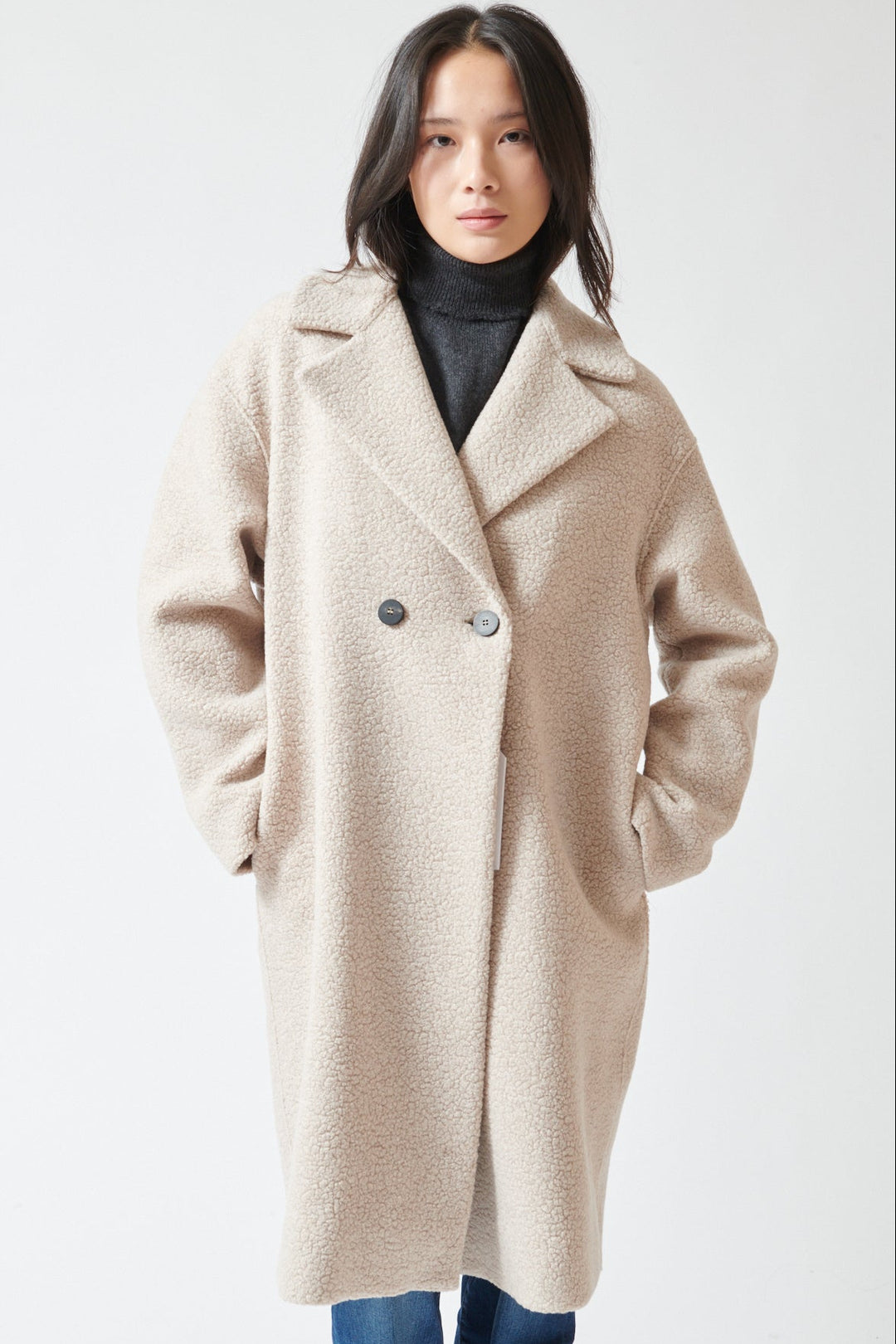 Lilly wearing Harris Wharf Dropped Shoulder Double Breasted Boucle Coat front view