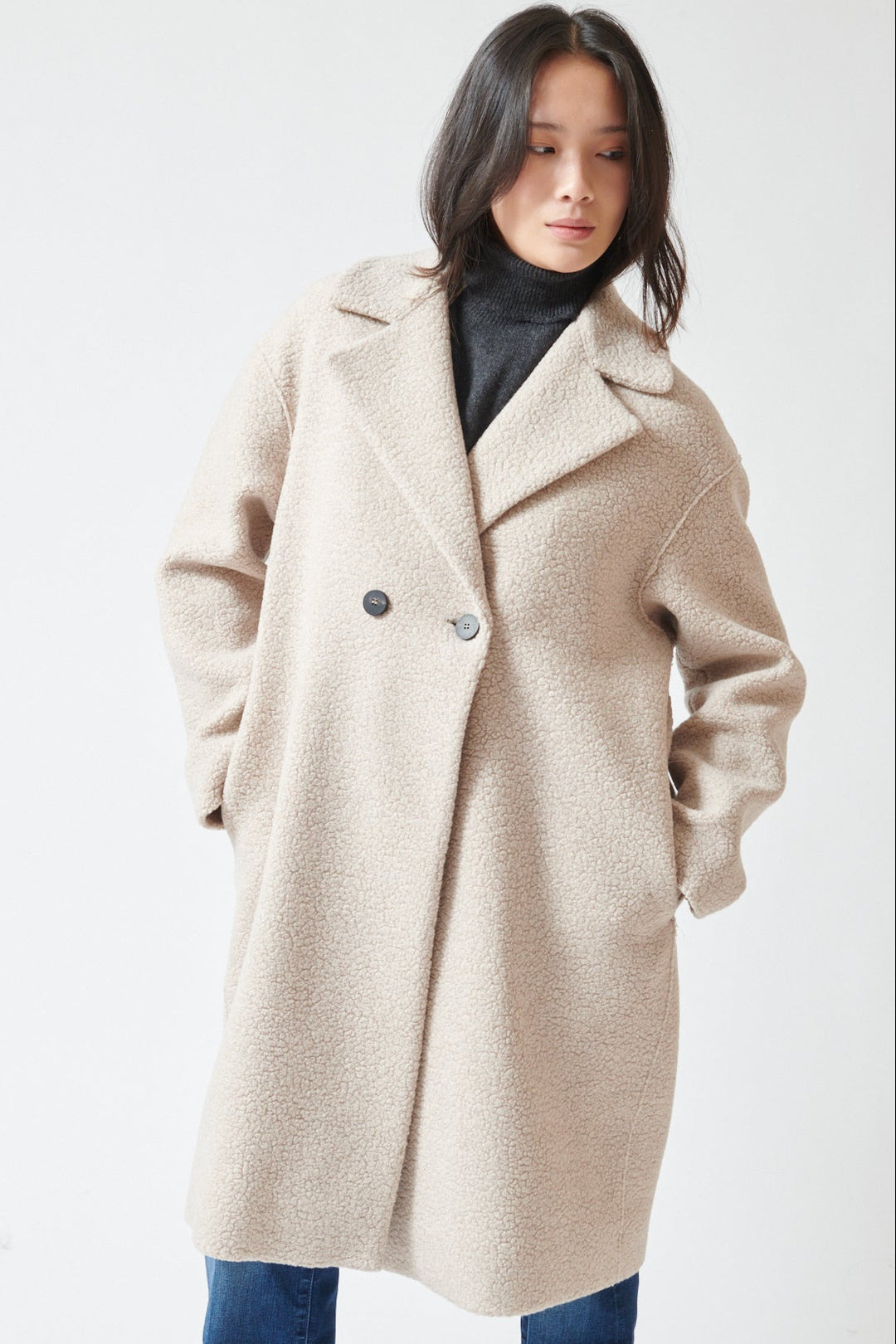 Lilly wearing Harris Wharf Dropped Shoulder Double Breasted Boucle Coat front view