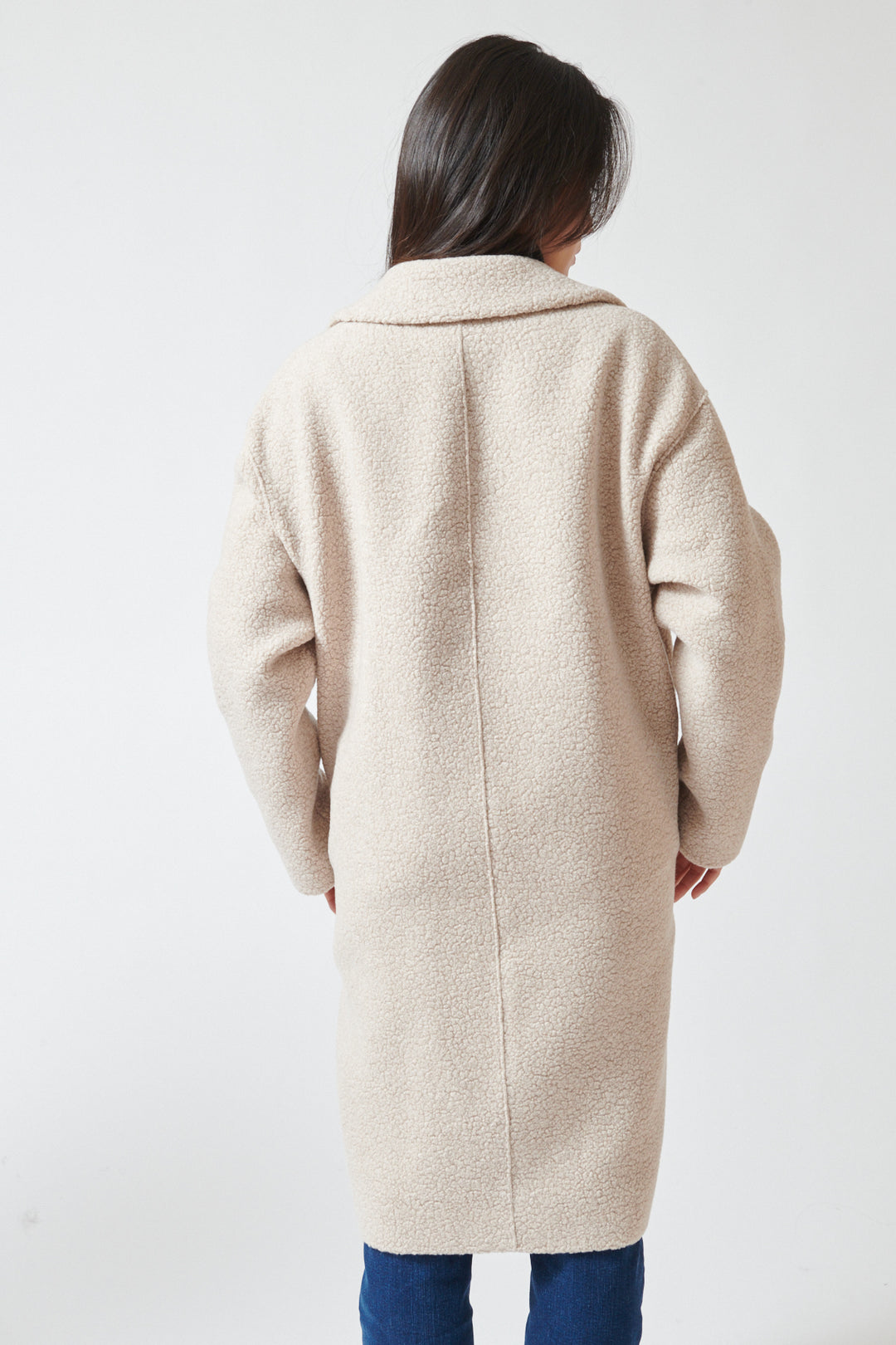 Lilly wearing Harris Wharf Dropped Shoulder Double Breasted Boucle Coat rear view