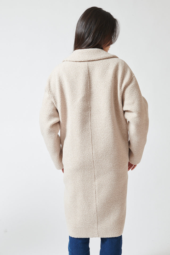 Lilly wearing Harris Wharf Dropped Shoulder Double Breasted Boucle Coat rear view