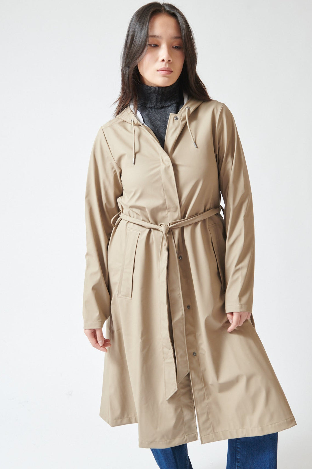 Lilly wearing Rains A-Line Longer W Jacket front view