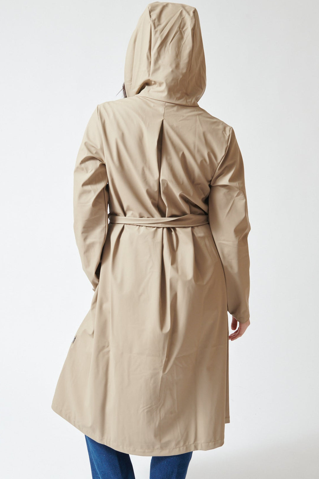 Lilly wearing Rains A-Line Longer W Jacket rear view