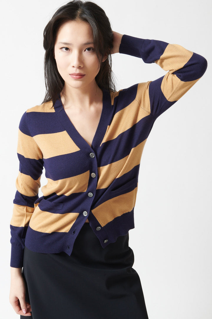 Lilly wearing Jumper 1234 Slinky Stripe Cardigan front view