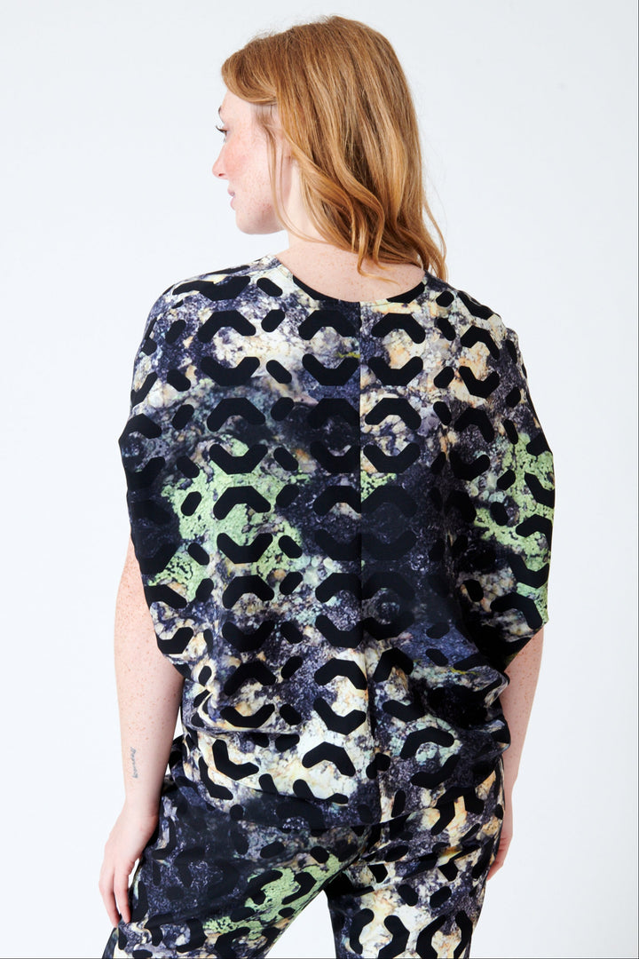 Waverly wearing Zero + Maria Cornejo Kio Silk Moss Print Top rear view