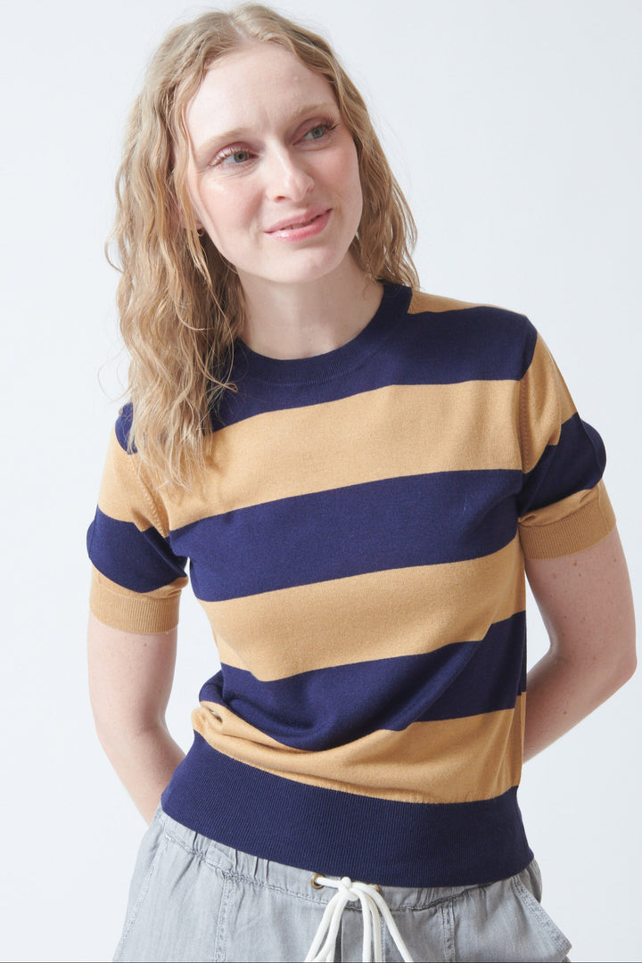 Madi wearing Jumper 1234 Slinky Stripe Tee Shirt front view