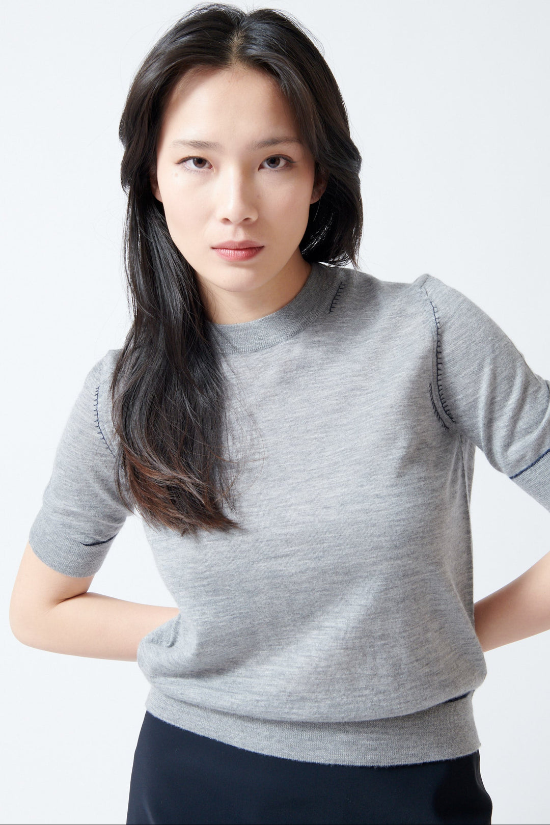 Lilly wearing Jumper 1234 Contrast Stitch Tee Shirt front view