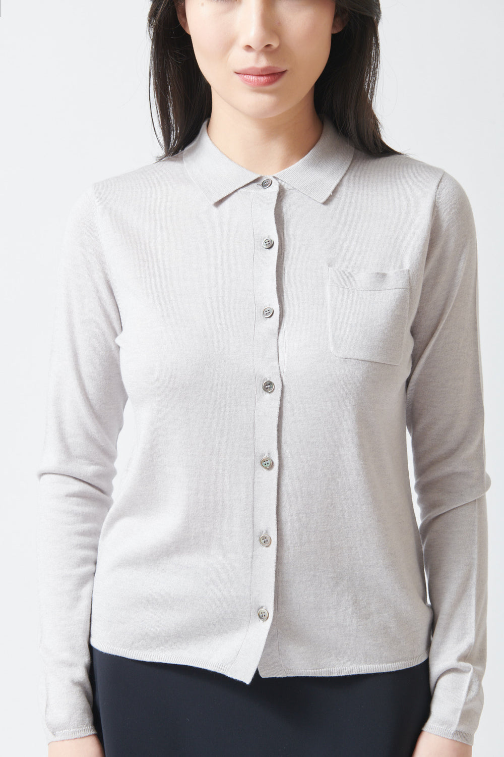 Lilly wearing Jumper 1234 Slinky Shirt front/detail view