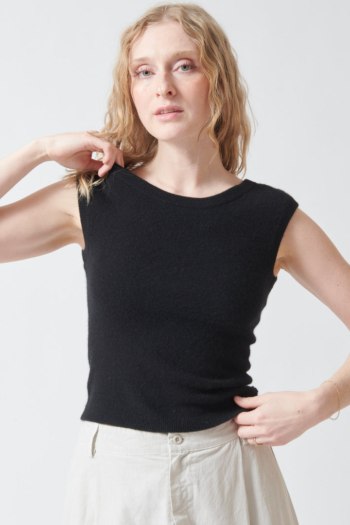 Madi wearing White + Warren Cashmere Off Shoulder Top front view