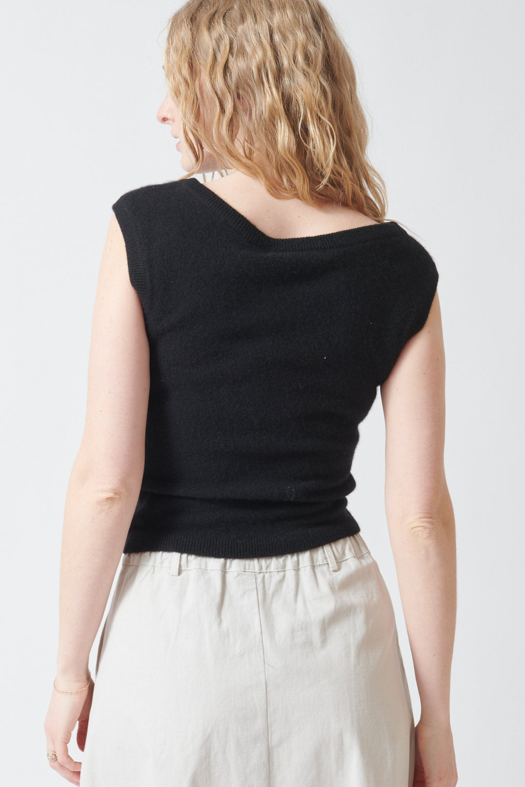 Madi wearing White + Warren Cashmere Off Shoulder Top rear view