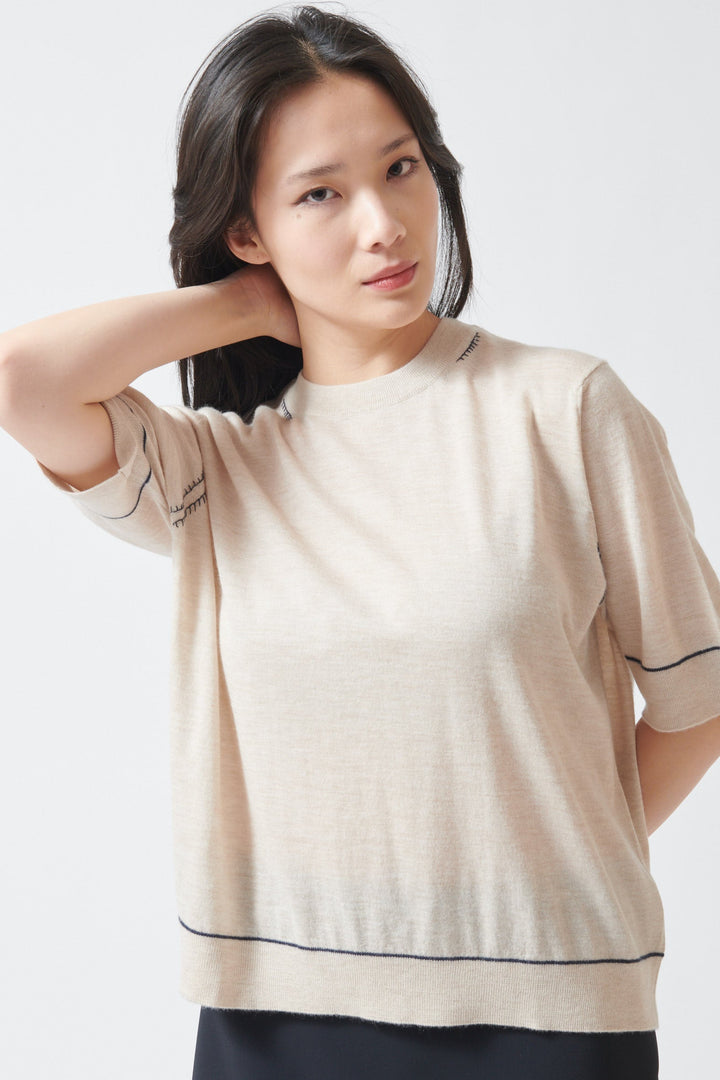 Lilly wearing Jumper 1234 Contrast Stitch Tee Shirt front view