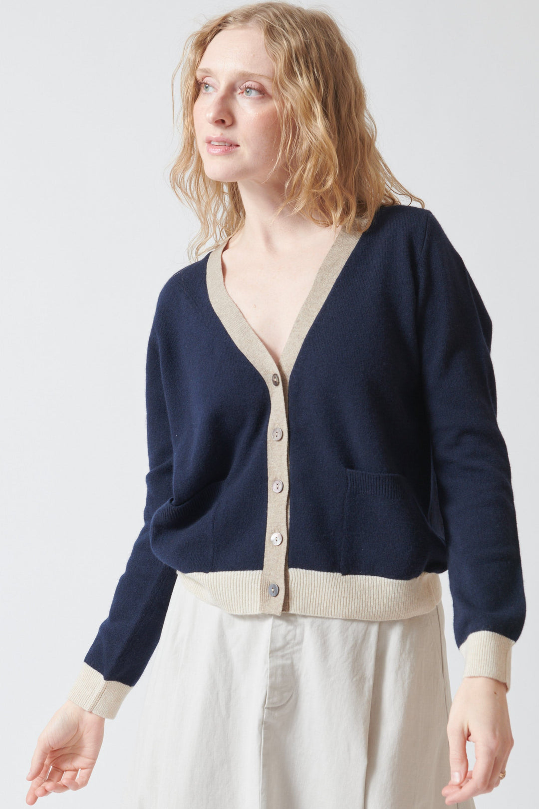 Madi wearing Jumper 1234 Many Contrast Cardigan front view